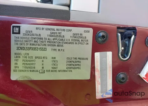 2008 Chevrolet Equinox Lt из США, поврежденный, VIN 2CNDL53FX86315523